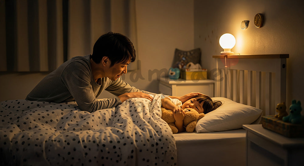 フリー素材 無料 写真｜子ども部屋で幼児をやさしく寝かしつける日本人親のナイトタイムシーン 背景素材