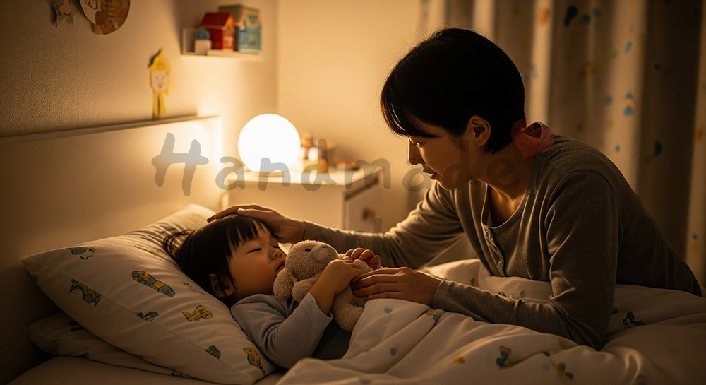 フリー素材 無料 写真｜子ども部屋で幼児をやさしく寝かしつける日本人親のナイトタイムシーン
