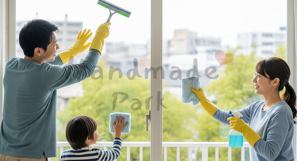 フリー素材 無料 写真｜窓ガラスを家族みんなで掃除する日本人家族の大掃除・日常掃除シーン 写真背景