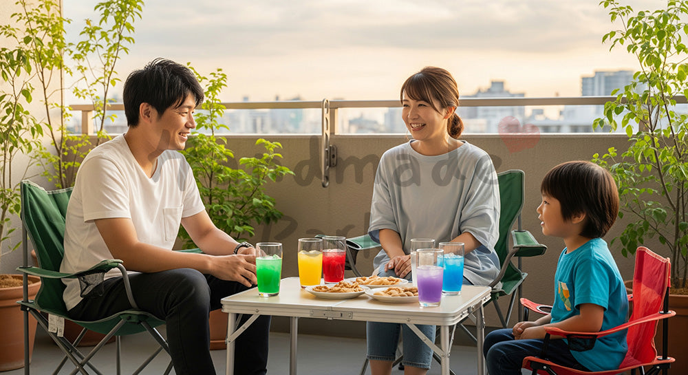 フリー素材 無料 写真｜バルコニーで飲み物とおやつを楽しむ日本人家族のくつろぎシーン 写真背景
