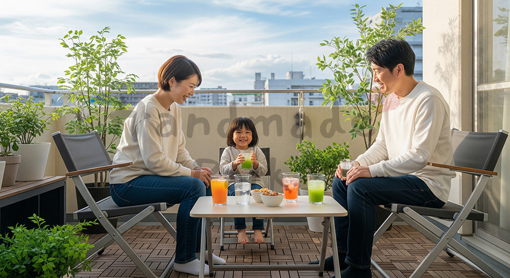 フリー素材 無料 写真｜バルコニーで飲み物とおやつを楽しむ日本人家族のくつろぎシーン 背景素材