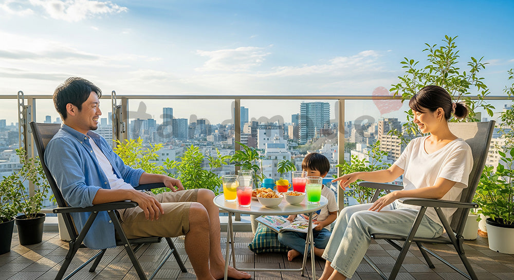フリー素材 無料 写真｜バルコニーで飲み物とおやつを楽しむ日本人家族のくつろぎシーン