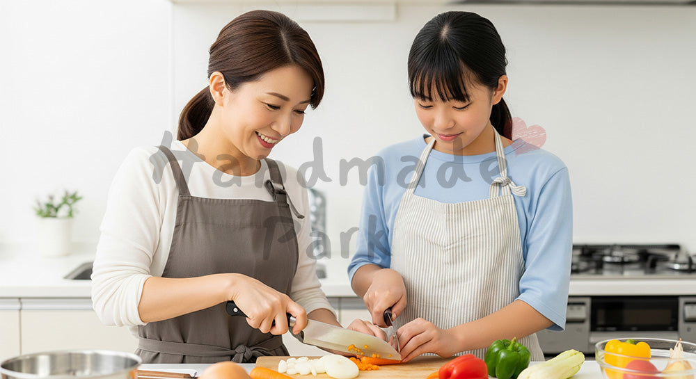 フリー素材 無料 写真｜キッチンで包丁の使い方を教えながら一緒に料理をする日本人母子 写真背景