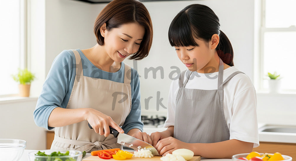 フリー素材 無料 写真｜キッチンで包丁の使い方を教えながら一緒に料理をする日本人母子 背景素材