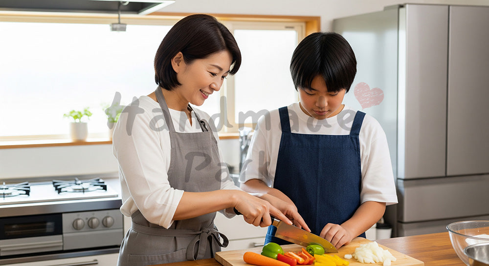 フリー素材 無料 写真｜キッチンで包丁の使い方を教えながら一緒に料理をする日本人母子