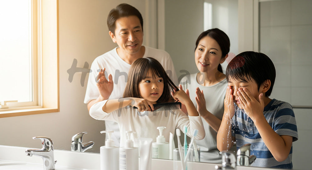 フリー素材 無料 写真｜朝の洗面所で身支度をする日本人きょうだいと声をかける親の慌ただしい時間 背景素材