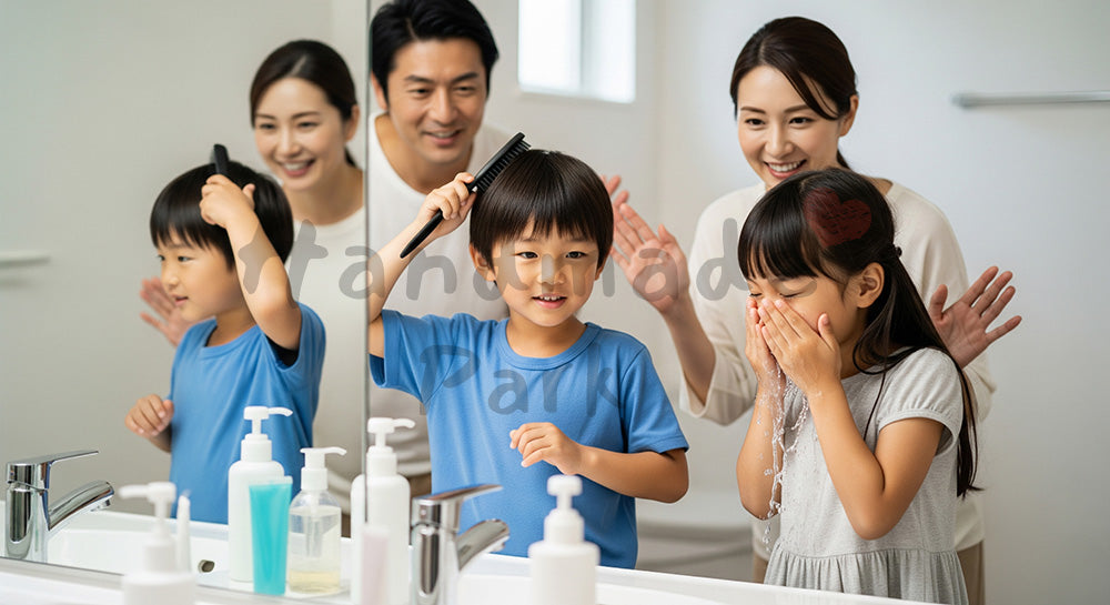 フリー素材 無料 写真｜朝の洗面所で身支度をする日本人きょうだいと声をかける親の慌ただしい時間