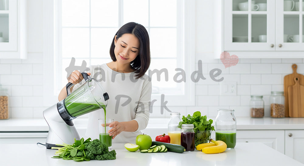フリー素材 無料 写真｜キッチンでスムージーを作る日本人女性のヘルシーな生活（表現3）