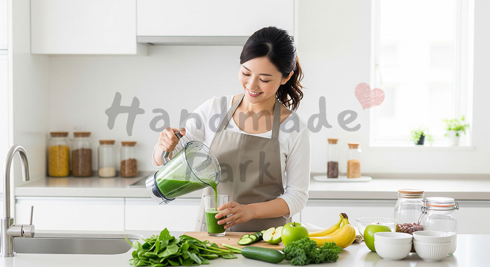 フリー素材 無料 写真｜キッチンでスムージーを作る日本人女性のヘルシーな生活（表現1）