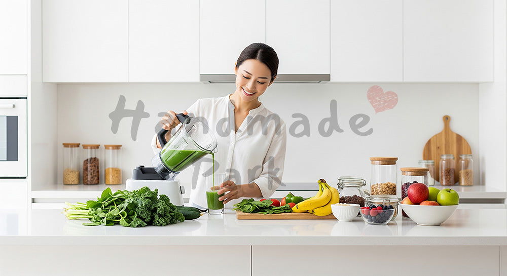 フリー素材 無料 写真｜キッチンでスムージーを作る日本人女性のヘルシーな生活