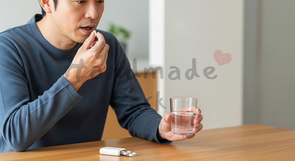 フリー素材 無料 写真｜サプリメントを飲む日本人男性のヘルスケア行動 余白あり