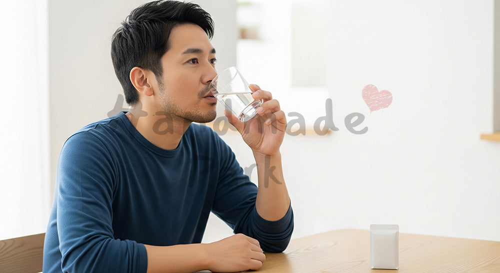 フリー素材 無料 写真｜サプリメントを飲む日本人男性のヘルスケア行動 写真背景