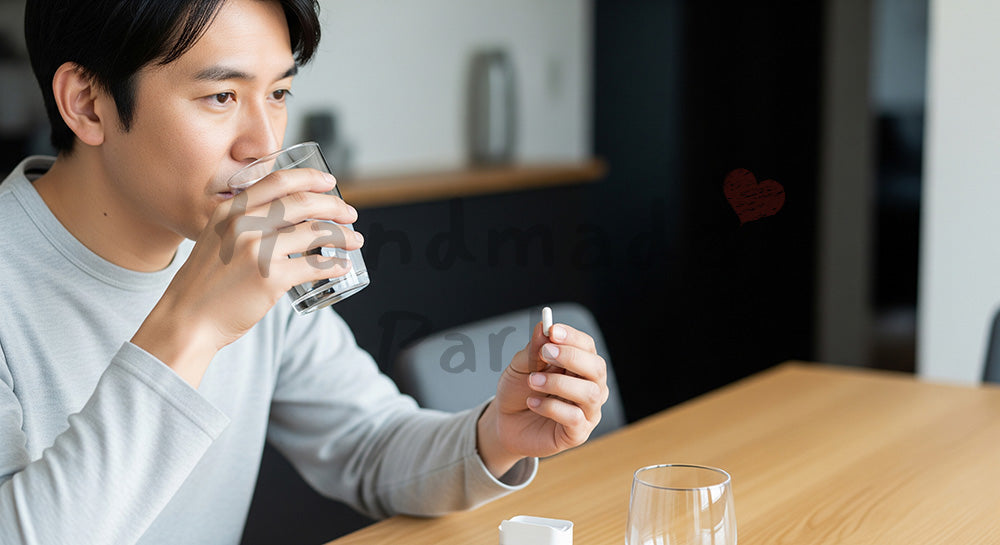 フリー素材 無料 写真｜サプリメントを飲む日本人男性のヘルスケア行動 背景素材