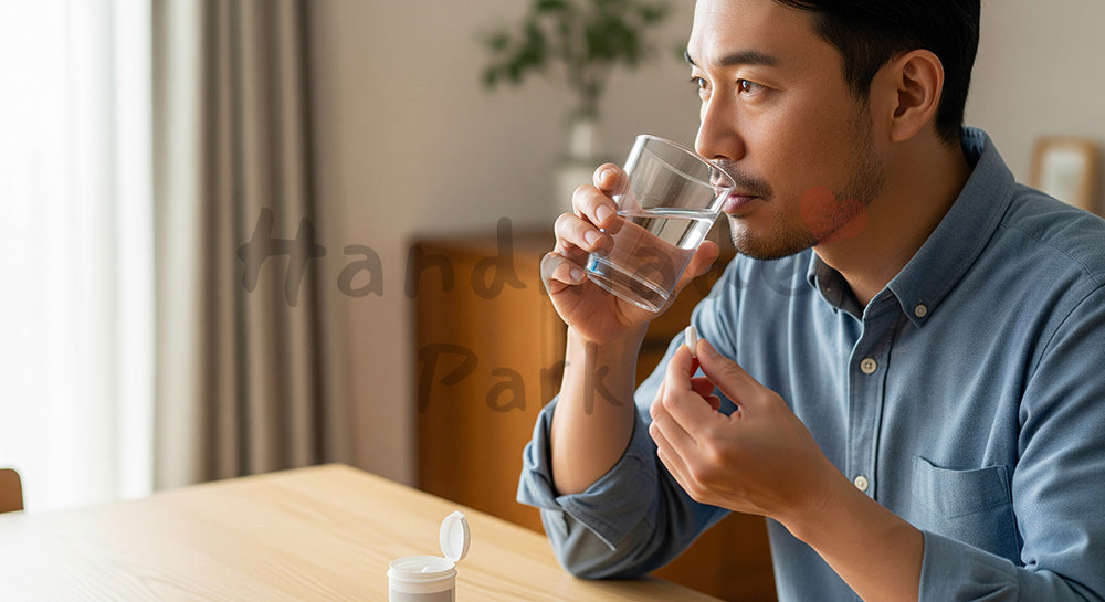 フリー素材 無料 写真｜サプリメントを飲む日本人男性のヘルスケア行動