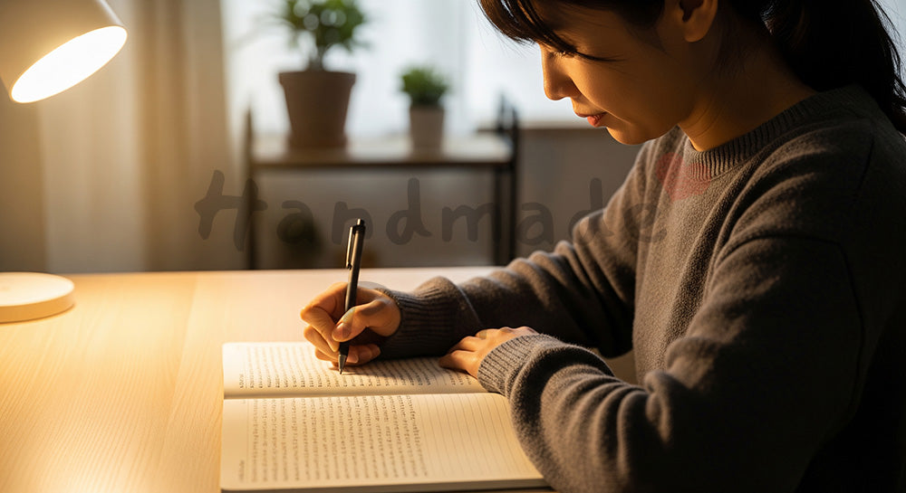 フリー素材 無料 写真｜ジャーナリングで気持ちを整える日本人女性の筆記シーン 余白あり