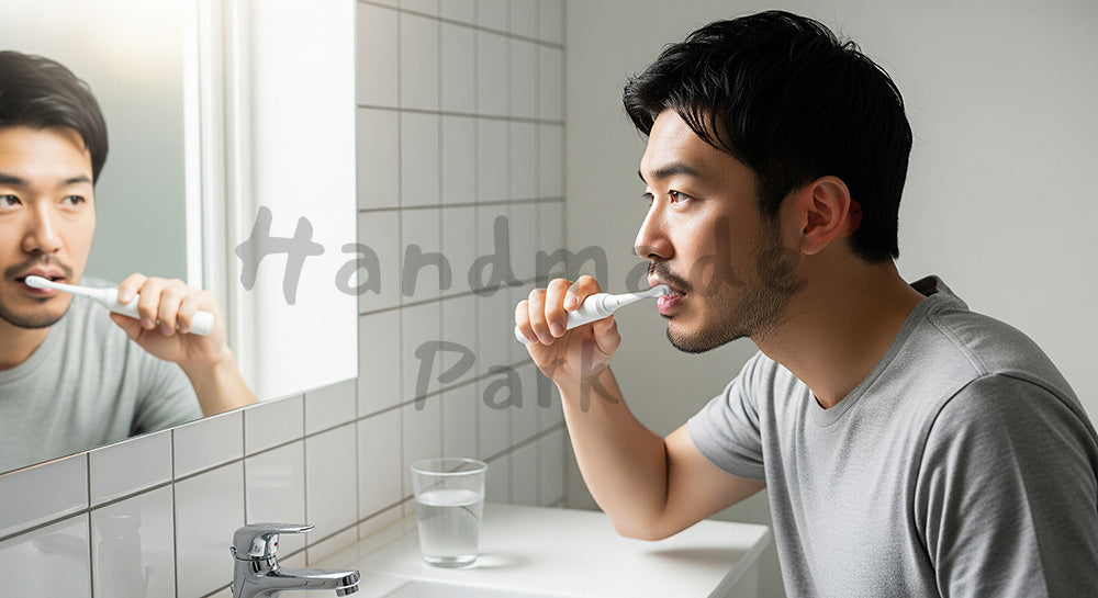 フリー素材 無料 写真｜朝の洗面所で電動歯ブラシを使う日本人男性のヘルスケアシーン 写真背景