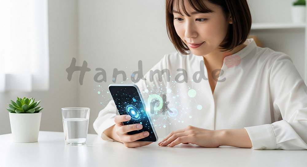 フリー素材 無料 写真｜睡眠アプリを確認する日本人女性の健康管理シーン