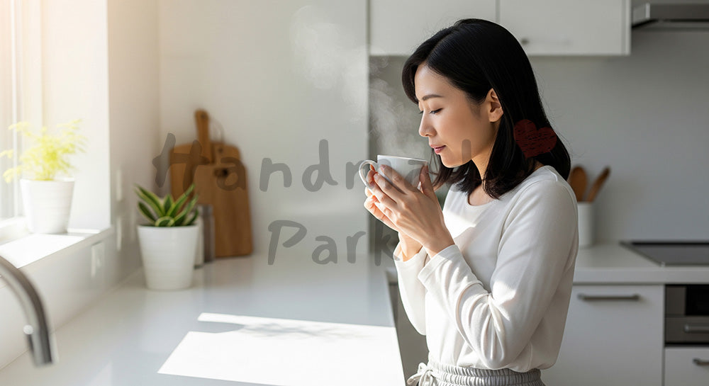 フリー素材 無料 写真|白湯を飲んで体を整える日本人女性の朝習慣 余白あり