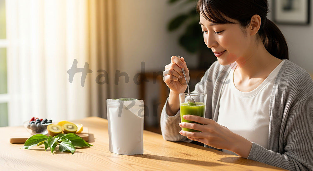 フリー素材 無料 写真｜青汁を飲む日本人女性の健康習慣 写真背景