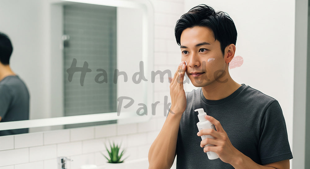 フリー素材 無料 写真｜乳液を塗る日本人男性のメンズスキンケア 余白あり