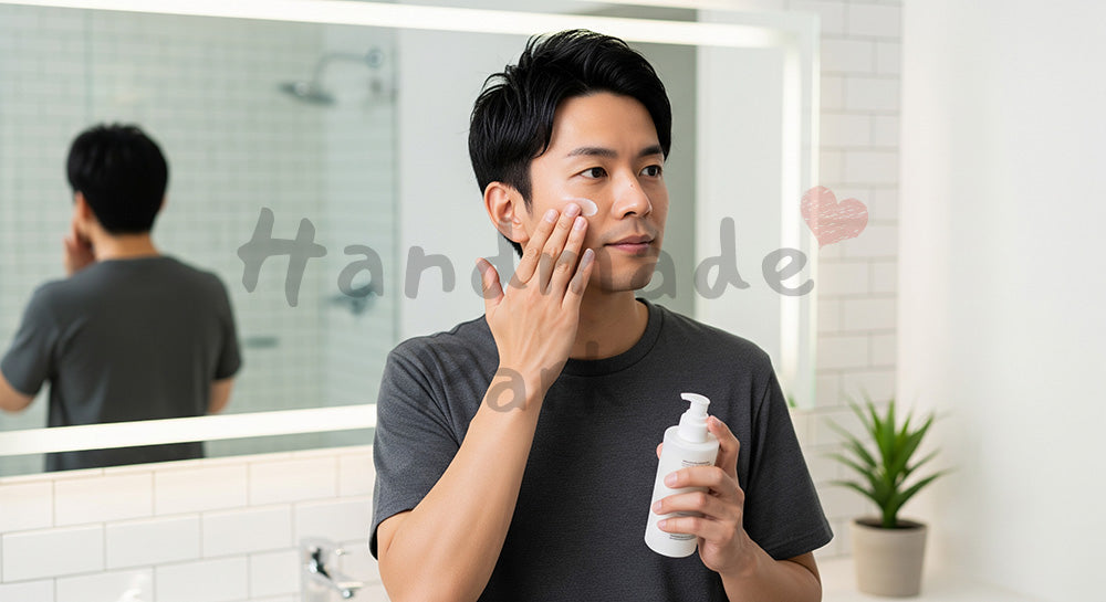フリー素材 無料 写真｜乳液を塗る日本人男性のメンズスキンケア 写真背景