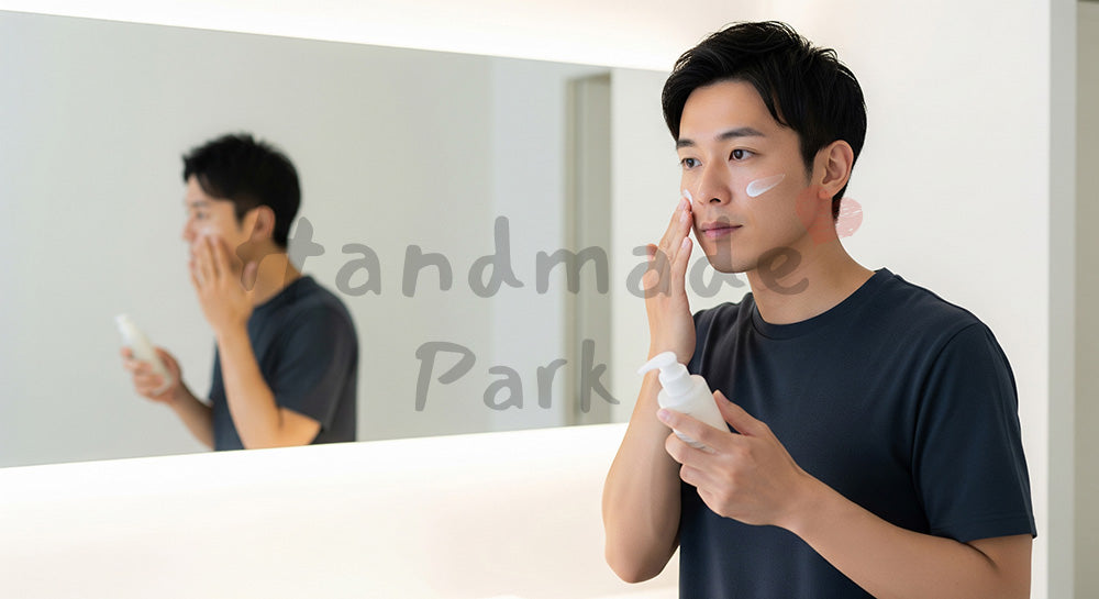 フリー素材 無料 写真｜乳液を塗る日本人男性のメンズスキンケア 背景素材