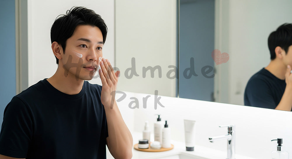 フリー素材 無料 写真｜乳液を塗る日本人男性のメンズスキンケア