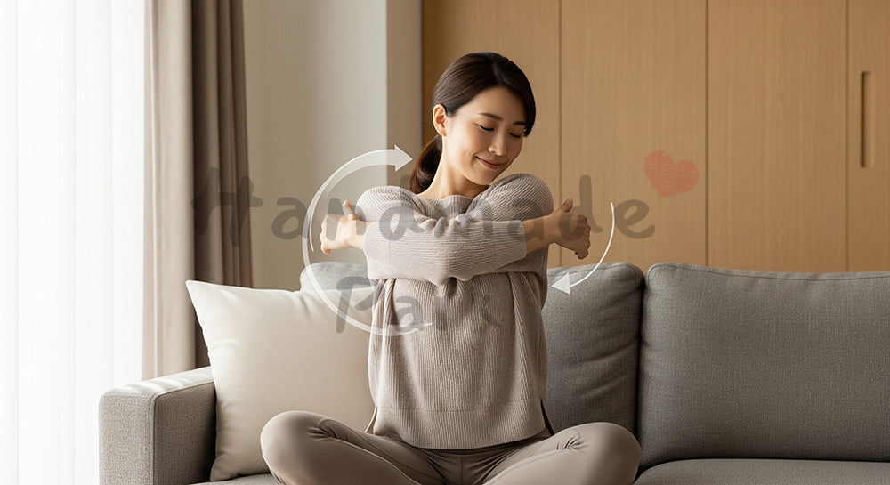 フリー素材 無料 写真｜ソファで肩ストレッチをする日本人女性 写真背景