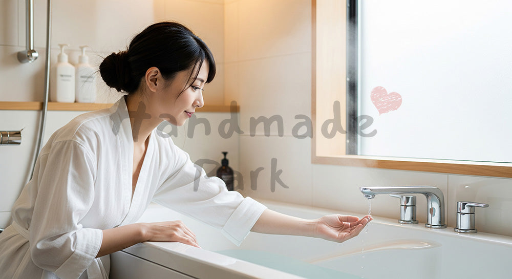 フリー素材 無料 写真｜入浴前にお湯の温度を確認する日本人女性 背景素材