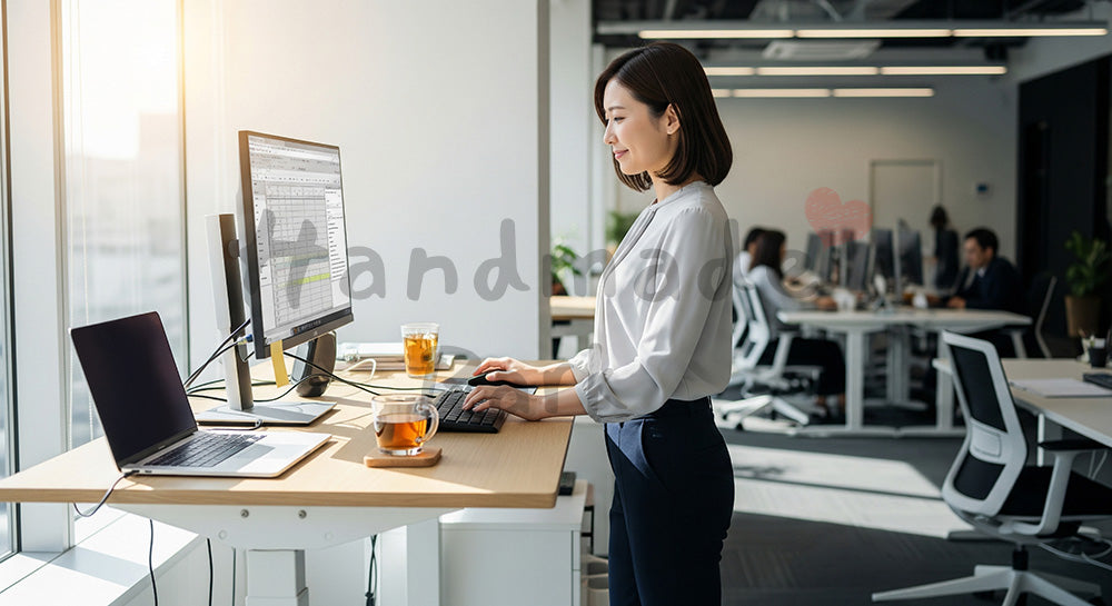 フリー素材 無料 写真｜スタンディングデスクで仕事する日本人女性の健康的な働き方 余白あり