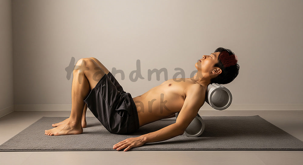 フリー素材 無料 写真｜ストレッチポールで背中をほぐす日本人男性