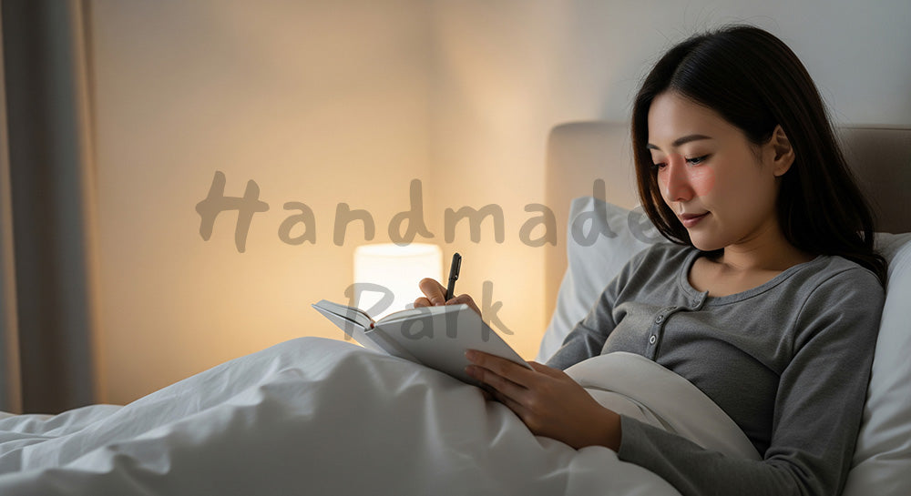 フリー素材 無料 写真｜寝る前に感謝日記を書く日本人女性 余白あり