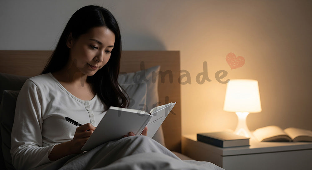 フリー素材 無料 写真｜寝る前に感謝日記を書く日本人女性 背景素材