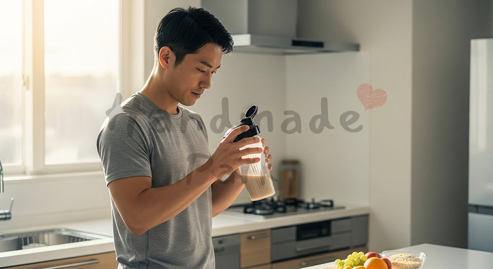 フリー素材 無料 写真｜プロテインシェイクを飲む日本人男性の健康習慣 写真背景