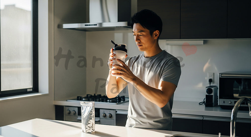 フリー素材 無料 写真｜プロテインシェイクを飲む日本人男性の健康習慣 背景素材