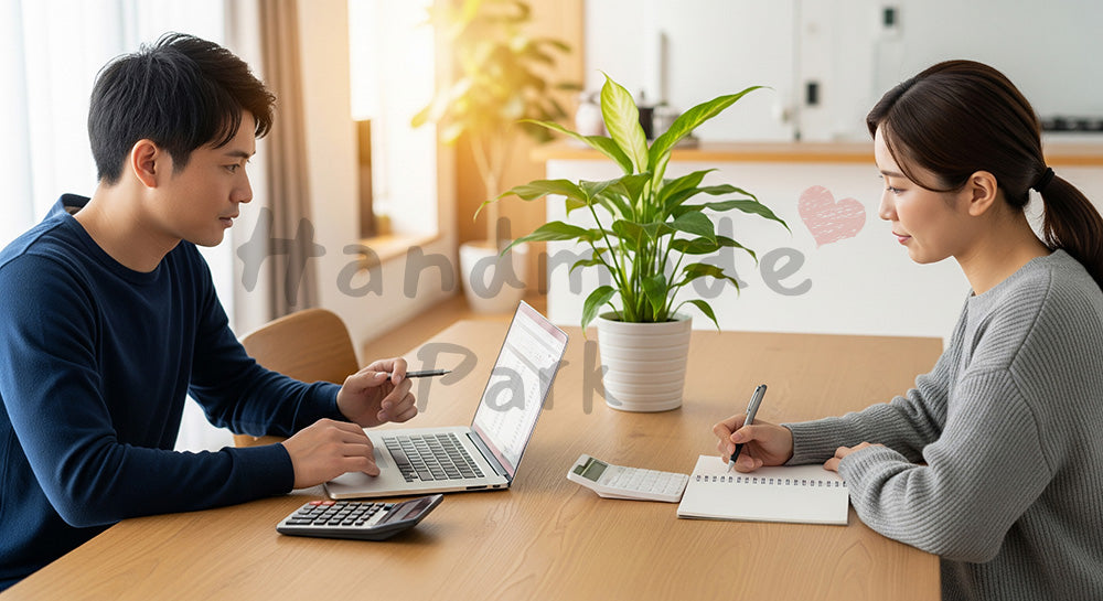 フリー素材 無料 写真｜ノートPCと電卓で家計管理を話し合う日本人夫婦の家計簿シーン 背景素材