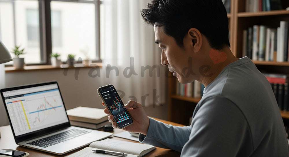 フリー素材 無料 写真｜スマホで投資状況を確認する日本人男性の資産管理シーン 余白あり