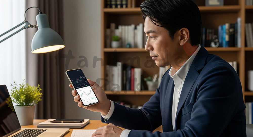 フリー素材 無料 写真｜スマホで投資状況を確認する日本人男性の資産管理シーン 写真背景
