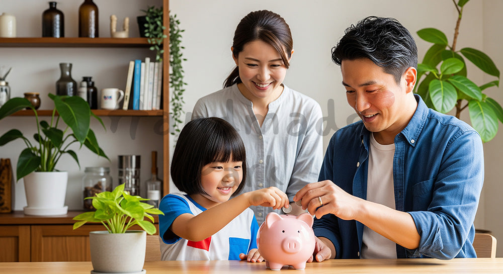 フリー素材 無料 写真｜貯金箱に硬貨を入れて家族で貯金の習慣を学ぶ日本人家庭 写真背景