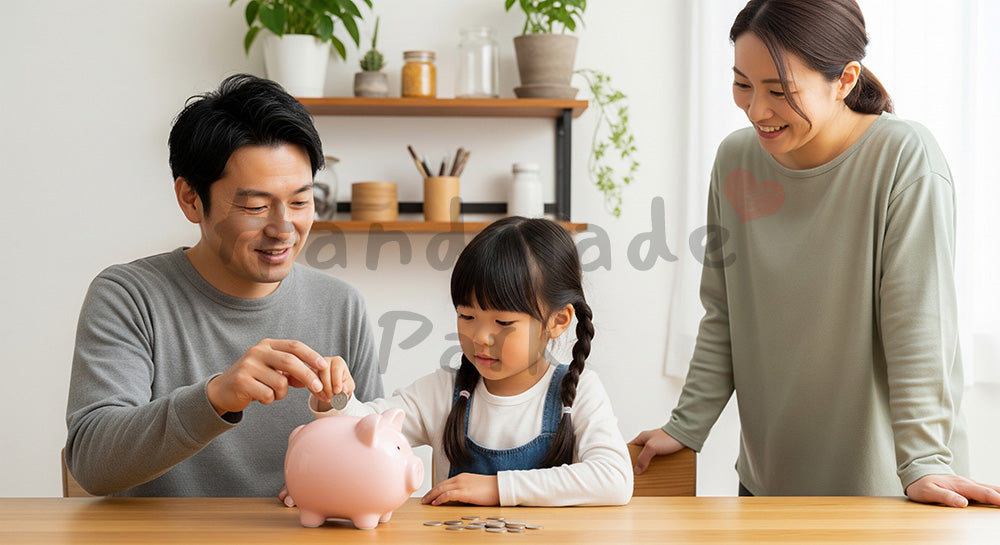 フリー素材 無料 写真｜貯金箱に硬貨を入れて家族で貯金の習慣を学ぶ日本人家庭 背景素材