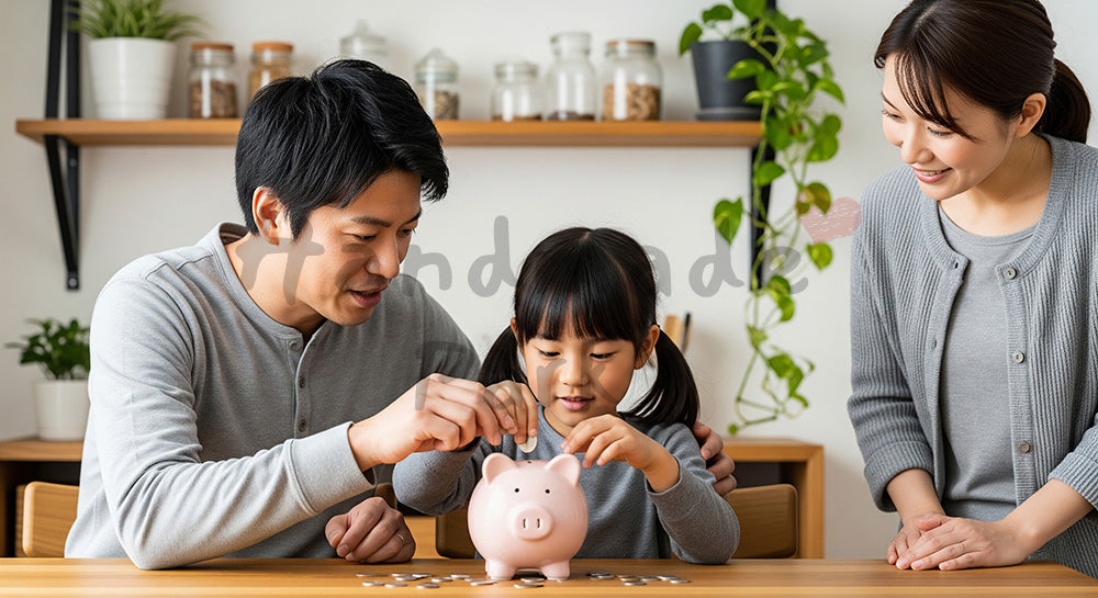フリー素材 無料 写真｜貯金箱に硬貨を入れて家族で貯金の習慣を学ぶ日本人家庭