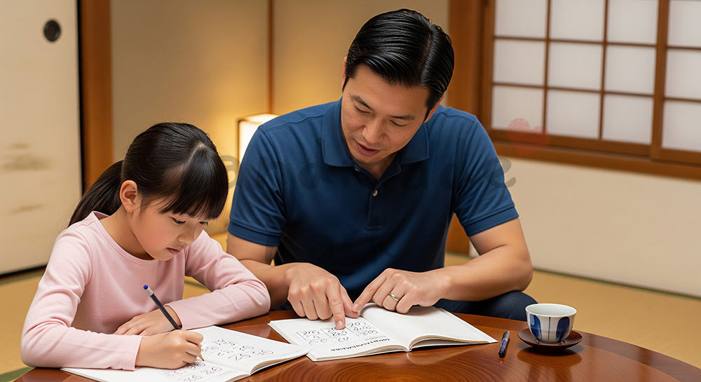 フリー素材 無料 写真｜おこづかい帳の書き方を父親から学ぶ日本人の娘 余白あり