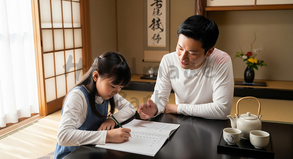 フリー素材 無料 写真｜おこづかい帳の書き方を父親から学ぶ日本人の娘 写真背景