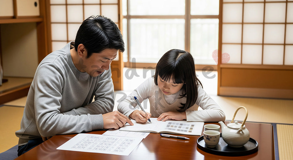 フリー素材 無料 写真｜おこづかい帳の書き方を父親から学ぶ日本人の娘 背景素材