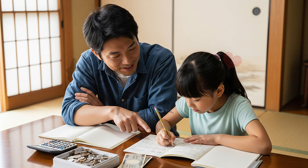 フリー素材 無料 写真｜おこづかい帳の書き方を父親から学ぶ日本人の娘