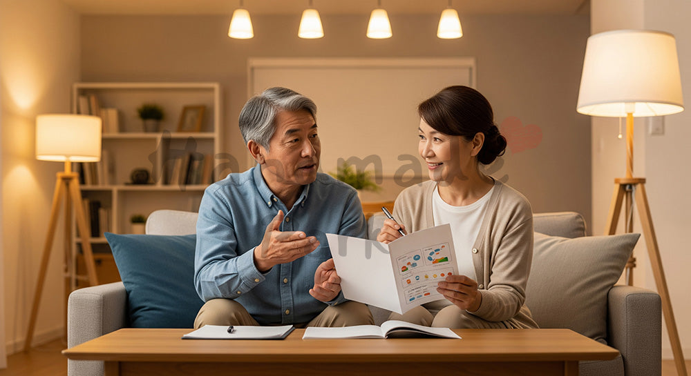 フリー素材 無料 写真｜リビングで退職後のライフプランを相談する日本人シニア夫婦 余白あり