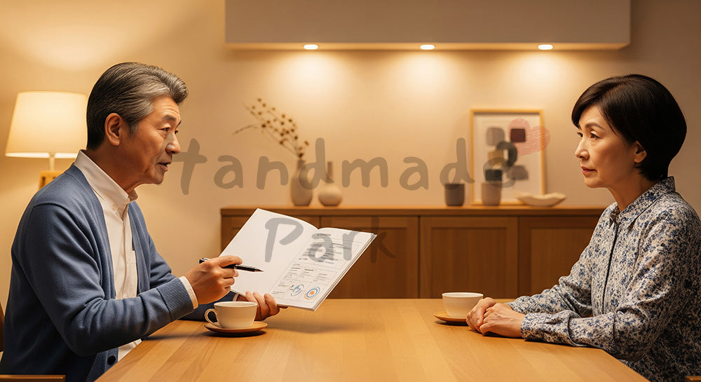 フリー素材 無料 写真｜リビングで退職後のライフプランを相談する日本人シニア夫婦 写真背景