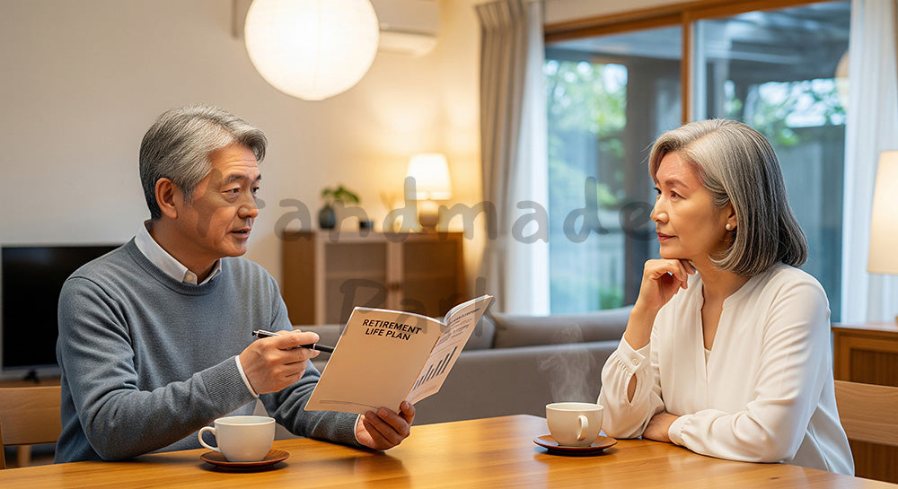 フリー素材 無料 写真｜リビングで退職後のライフプランを相談する日本人シニア夫婦 背景素材