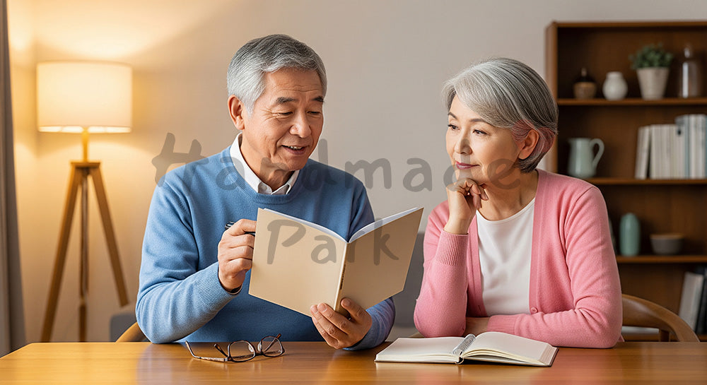 フリー素材 無料 写真｜リビングで退職後のライフプランを相談する日本人シニア夫婦