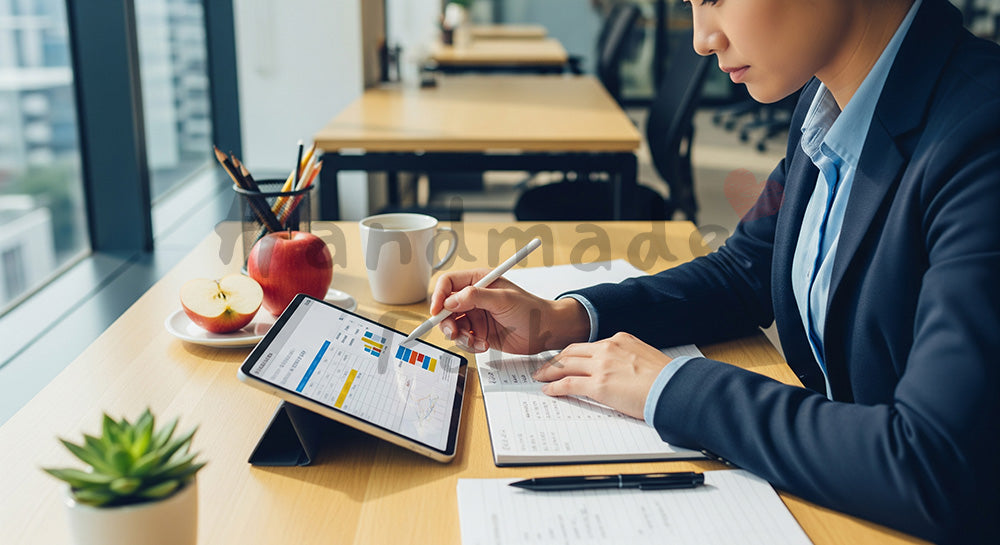 フリー素材 無料 写真｜タブレットとメモで予算を組む日本人ビジネスパーソンの計画シーン 余白あり